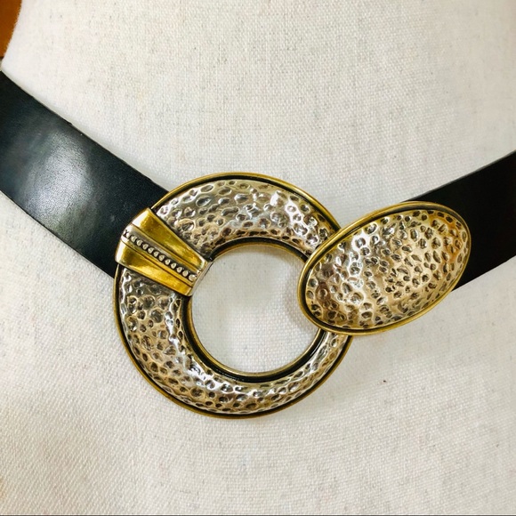 NWOT Chico’s Leather Belt Hammered Metal 2 Tone - Picture 3 of 6